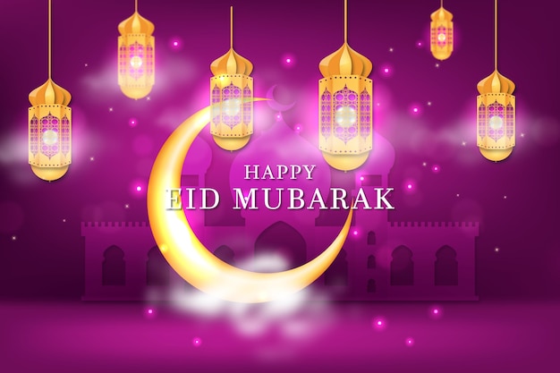 Free vector moon in violet night realistic eid mubarak