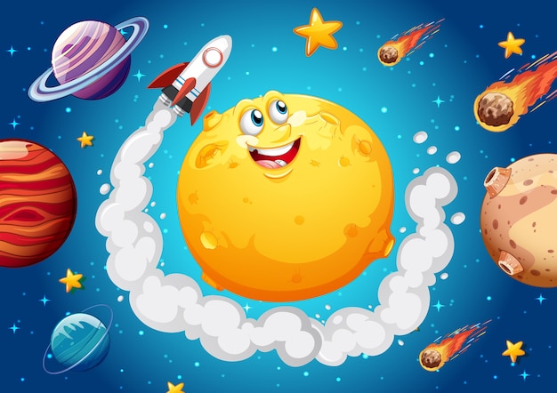 Moon with happy face on space galaxy theme background