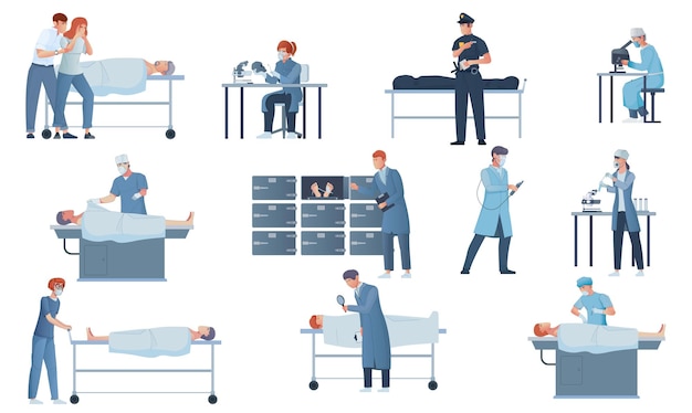 Free Vector morgue flat set of died people police officer forensic pathologist  and medical experts working with cadaver and in lab isolated vector illustration