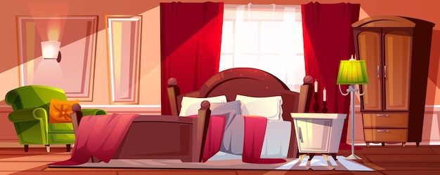 Free Vector morning bedroom in mess illustration of room interior cartoon background 