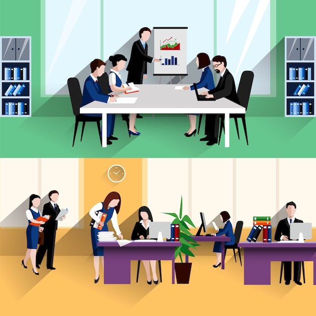 Free Vector morning daily briefing meeting and office work situation two flat banners composition poster