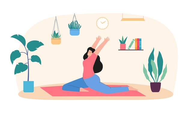 Morning hatha yoga of woman sitting on mat at home. Female character stretching in calm posture, girl doing healthy exercises and meditation flat vector illustration. Wellness, workout concept