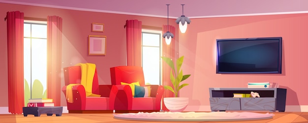 Free Vector morning living room with tv in modern house vector cartoon illustration of home interior red armchairs and fluffy carpet on floor curtains on windows books and joystick on table pictures on wall