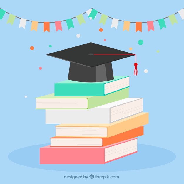 Mortarboard with books  background in flat design