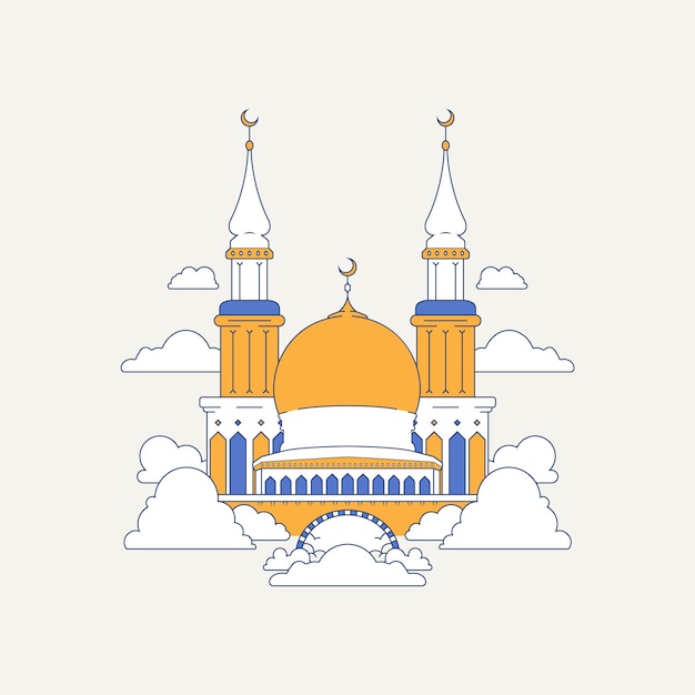 Free Vector mosque and cloud minimalist line art illustration arabic architecture ornament background