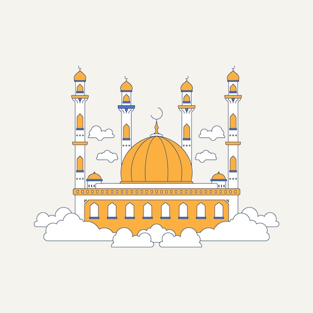 Mosque and cloud minimalist line art illustration Arabic architecture ornament background