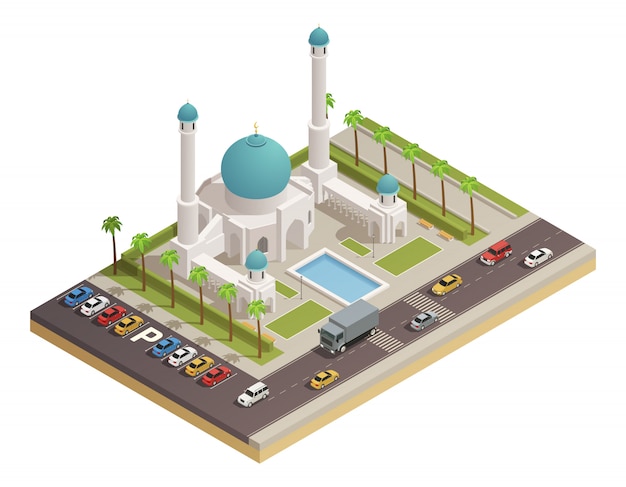 Free Vector mosque islam followers worship place building with dome and minarets and adjacent roads