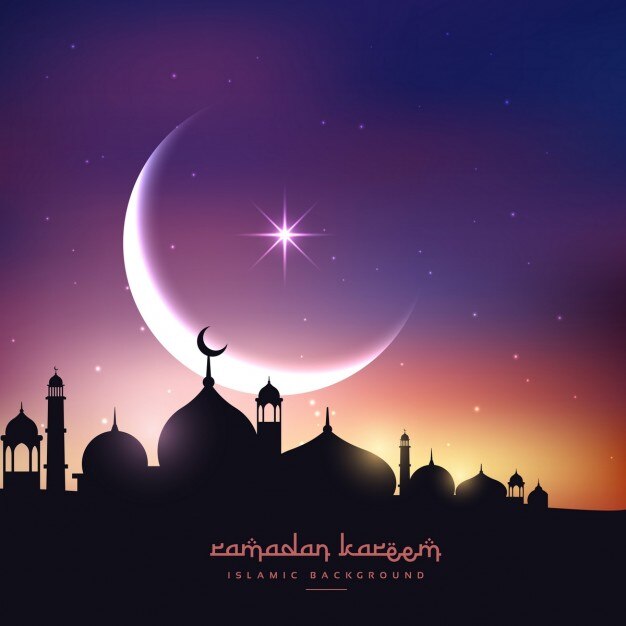 Mosque silhouette in night sky with crescent moon and stars