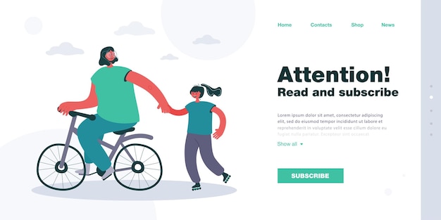 Mother on bicycle and daughter on roller skates in park. Woman cycling while holding hand of girl flat vector illustration. Family, outdoor activity concept for banner, website design or landing page