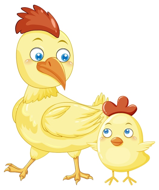 Mother chicken and her chick in cartoon style