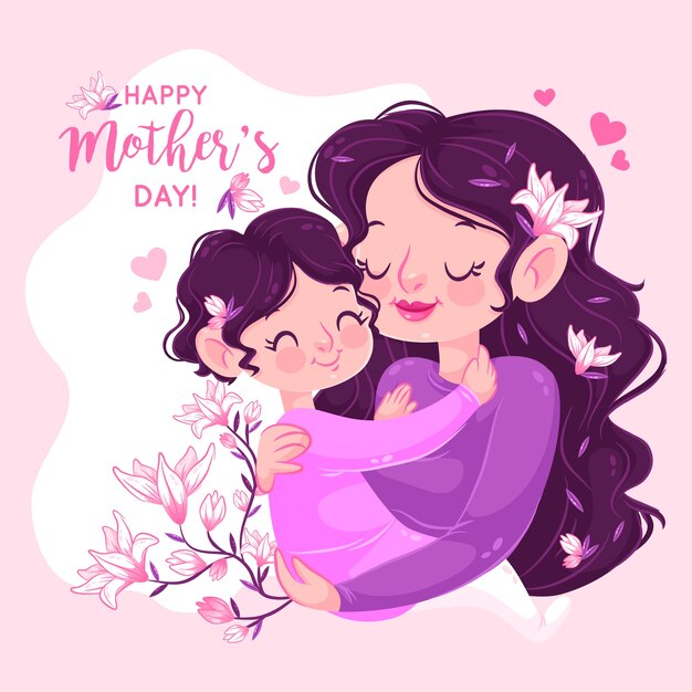 Mother and child hugging and holding a branch of flowers