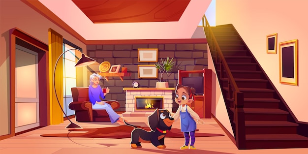 Free Vector mother daughter and dog in living room vector cartoon illustration of young woman sitting in armchair with cup little girl playing with pet fire burning in fireplace home atmopshere family time