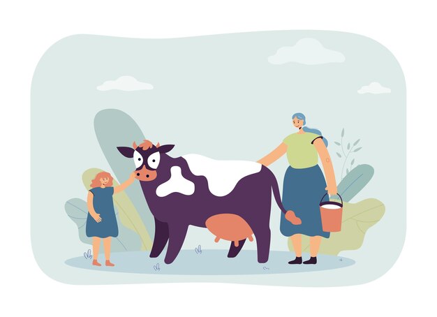 Mother and daughter milking cow. Woman with bucket of milk, girl stroking domestic animal with udder flat vector illustration