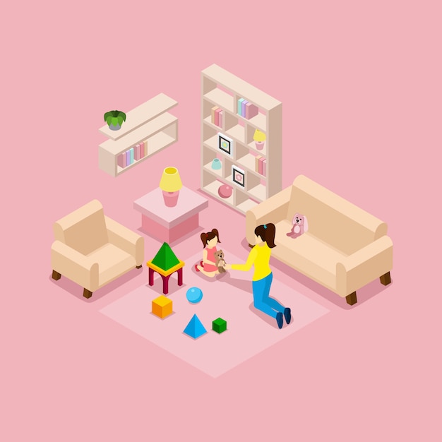 Free Vector mother and daughter playing isometric banner 