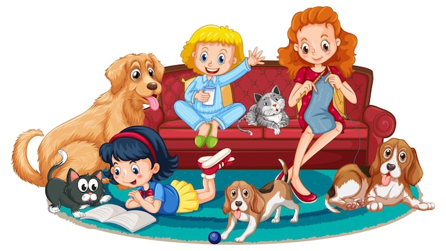 Free Vector mother and daughter sitting on a sofa with their pets