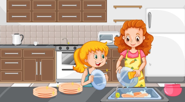 Free Vector mother and daughter washing dishes in the kitchen scene