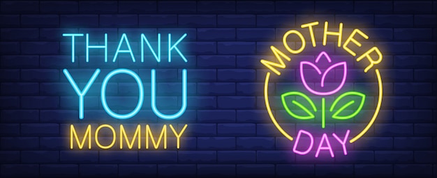 Mother day neon sign. Pink tulip with leaves in yellow circle. Thank you mommy lettering