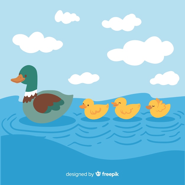 Mother duck and ducklings cartoon concept