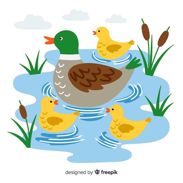 Mother duck and ducklings on flat design