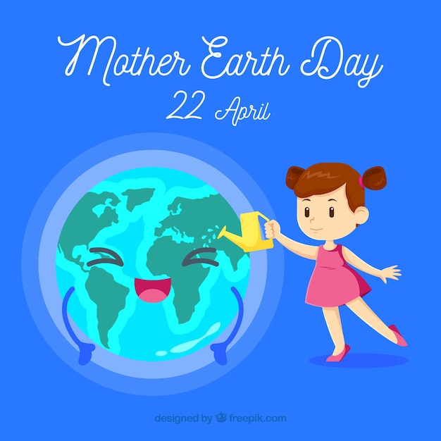 Mother earth day background with girl watering