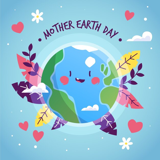 Mother earth day with smiley planet and leaves