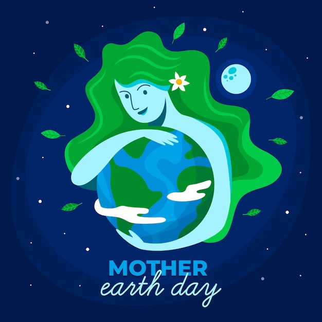 Mother earth day with woman with green hair hugging the planet