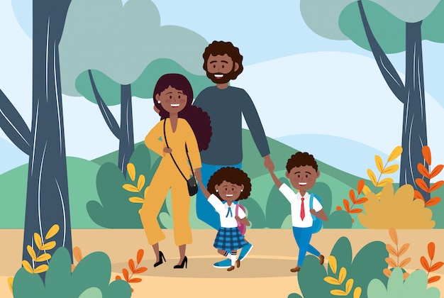 Free Vector mother and father with their boy and girl with backpack