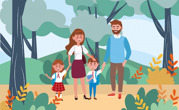 Free Vector mother and father with their girl and boy students in the landscape