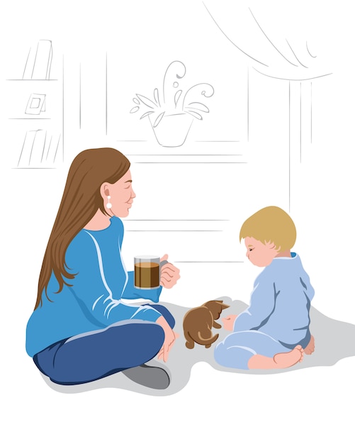 Mother peacefully watching her kid play with a little kitten while drinking a cup of coffee