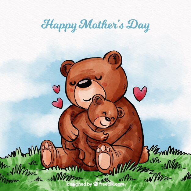 Mother's day background with cute bears in watercolor style