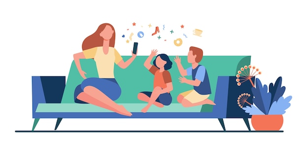 Mother sitting on sofa with kids and using smartphone. Couch, online, leisure flat vector illustration. Family and digital technology concept 