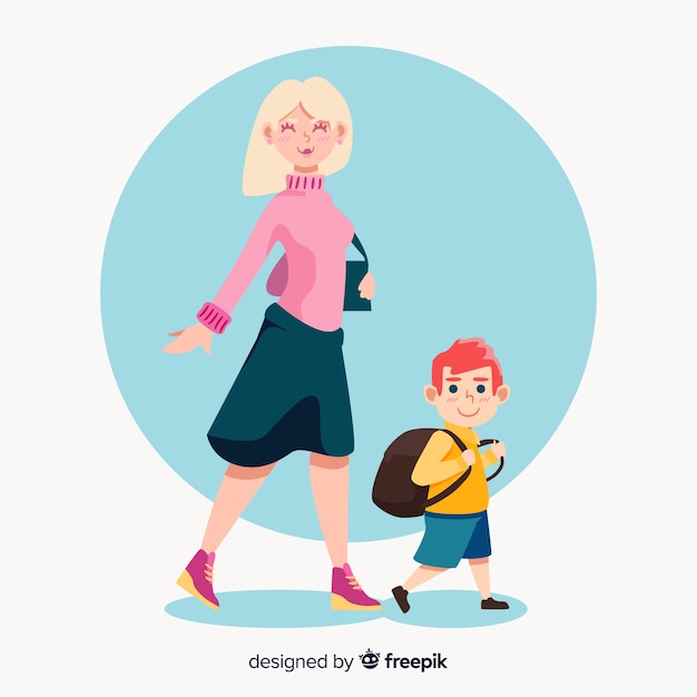 Mother and son on the way back to school