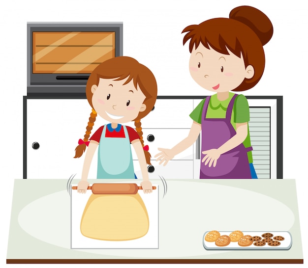 Free Vector a mother teach daughter to bake