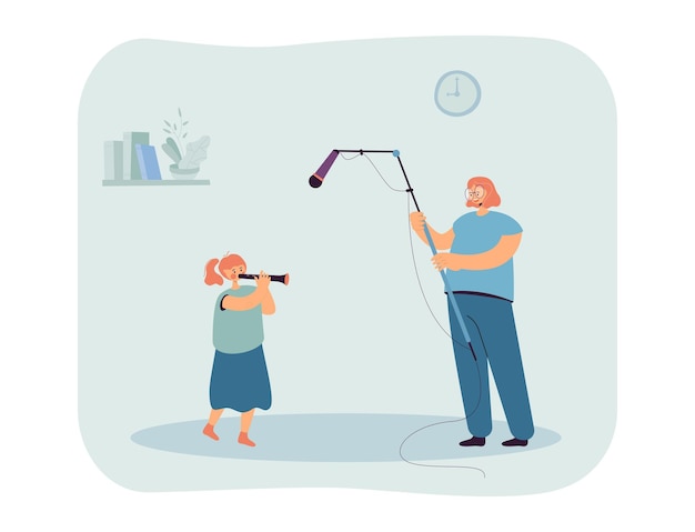 Free Vector mother using microphone to record her daughter blowing trumpet. preparation for concert flat illustration