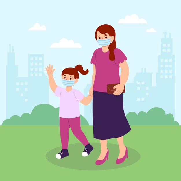 Mother walking with children with medical masks