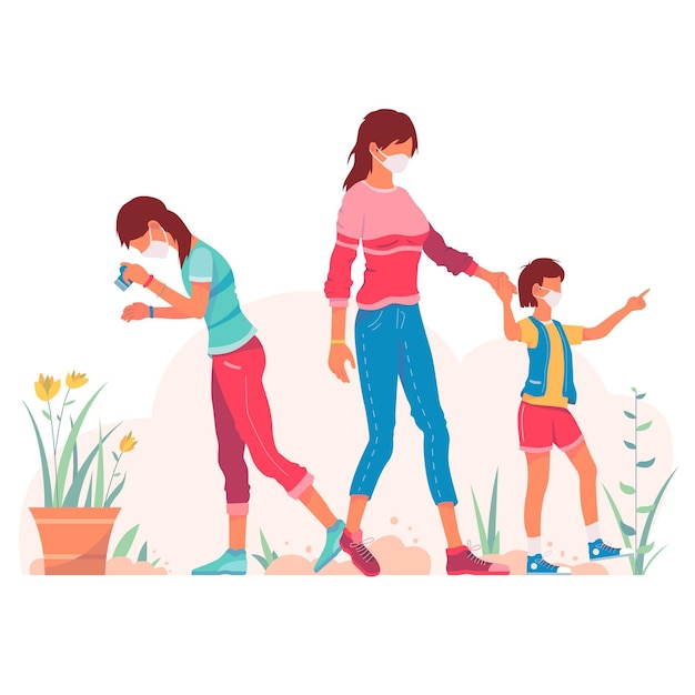 Free vector mother walking with children with medical masks