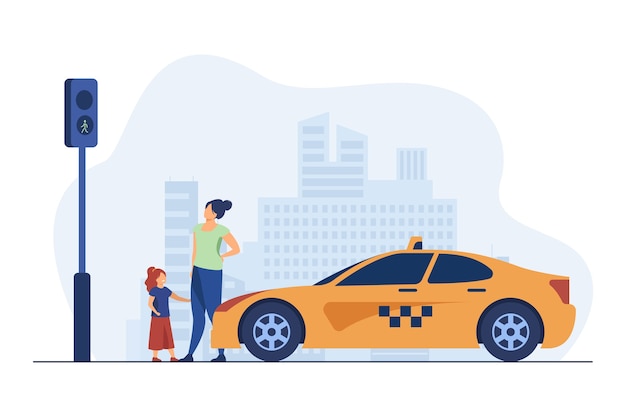 Mother with daughter waiting for taxi. Kid, car, traffic flat vector illustration. Transportation and urban lifestyle 