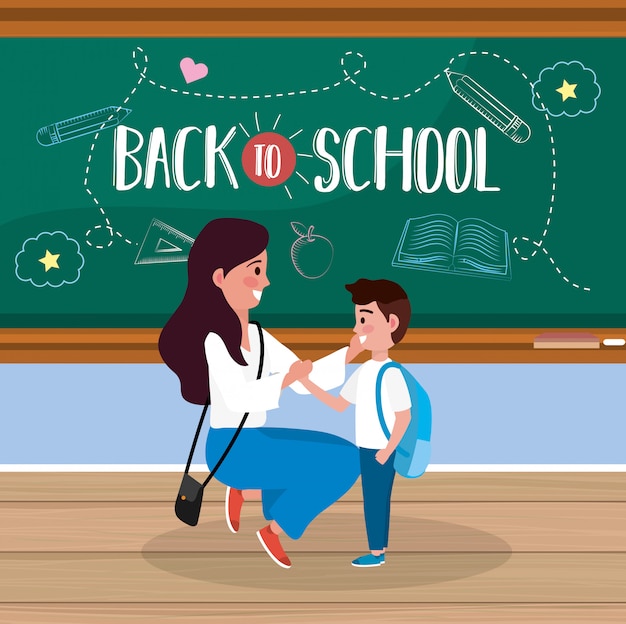 Mother with her boy student and uniform in the classroom