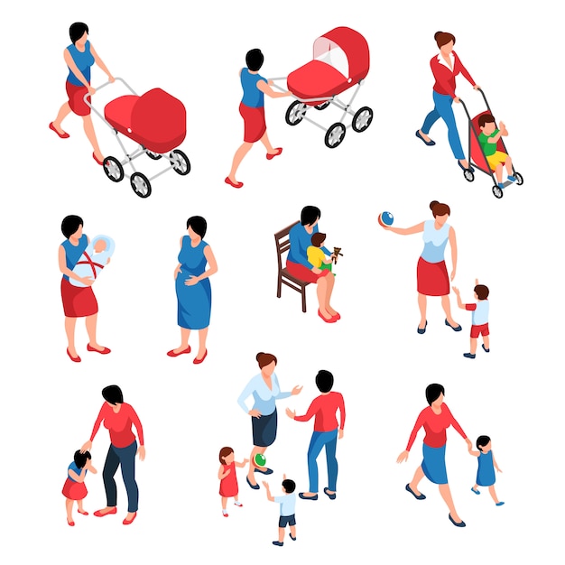 Free Vector motherhood  isometric set of young women babysitting their little children and newborn isolated