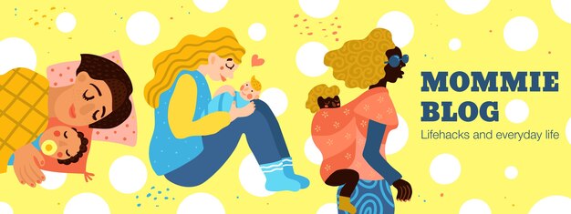 Motherhood, women and babies, mommies blog, header on yellow background with white circles, hand drawn 