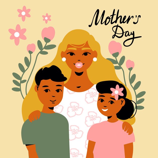 Mothers day card with ornate text and images of flowers surrounding family members mom with children illustration