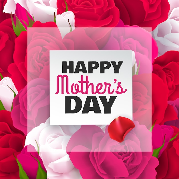 Mothers Day colored card with red white roses and happy mothers day headline  illustration