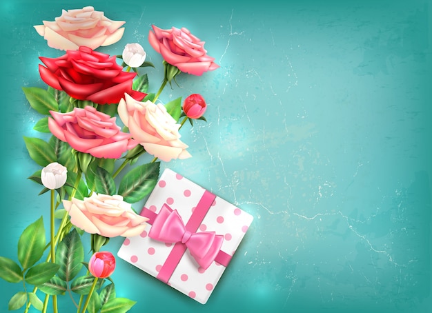 Free Vector mothers day flatlay concept with beautiful bouquet of roses and gift with big pink bow  illustration