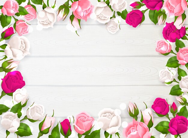 Mothers day frame with pink white and fuchsia colors of roses on white wooden background  illustration