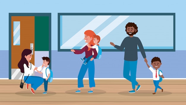 Free Vector mothers and father with their boys and girl in the classroom