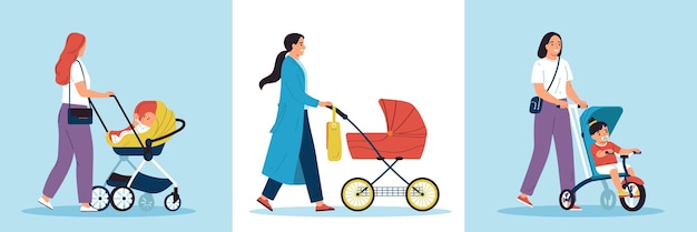 Free Vector mothers walking with prams flat set isolated vector illustration