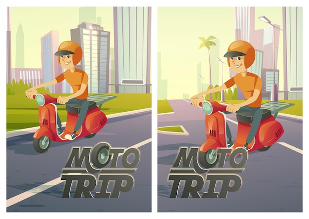 Free Vector moto trip posters with man on scooter on city road