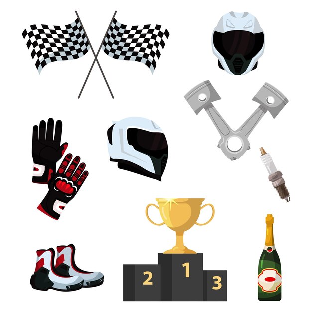 Motor speed racer sport accessory isolated set Two crossed checkered flag pair glove and boot front side helmet view champagne bottle adjustable spanner plug awarding pedestal gold trophy cup