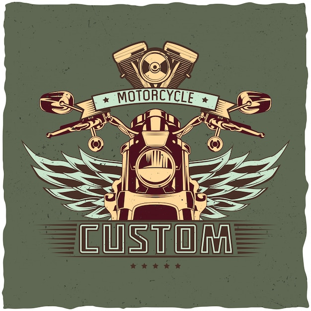 Free Vector motorcycle t-shirt label design with illustration of classic motorcycle.