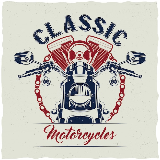 Free Vector motorcycle t-shirt label design with illustration of classic motorcycle.